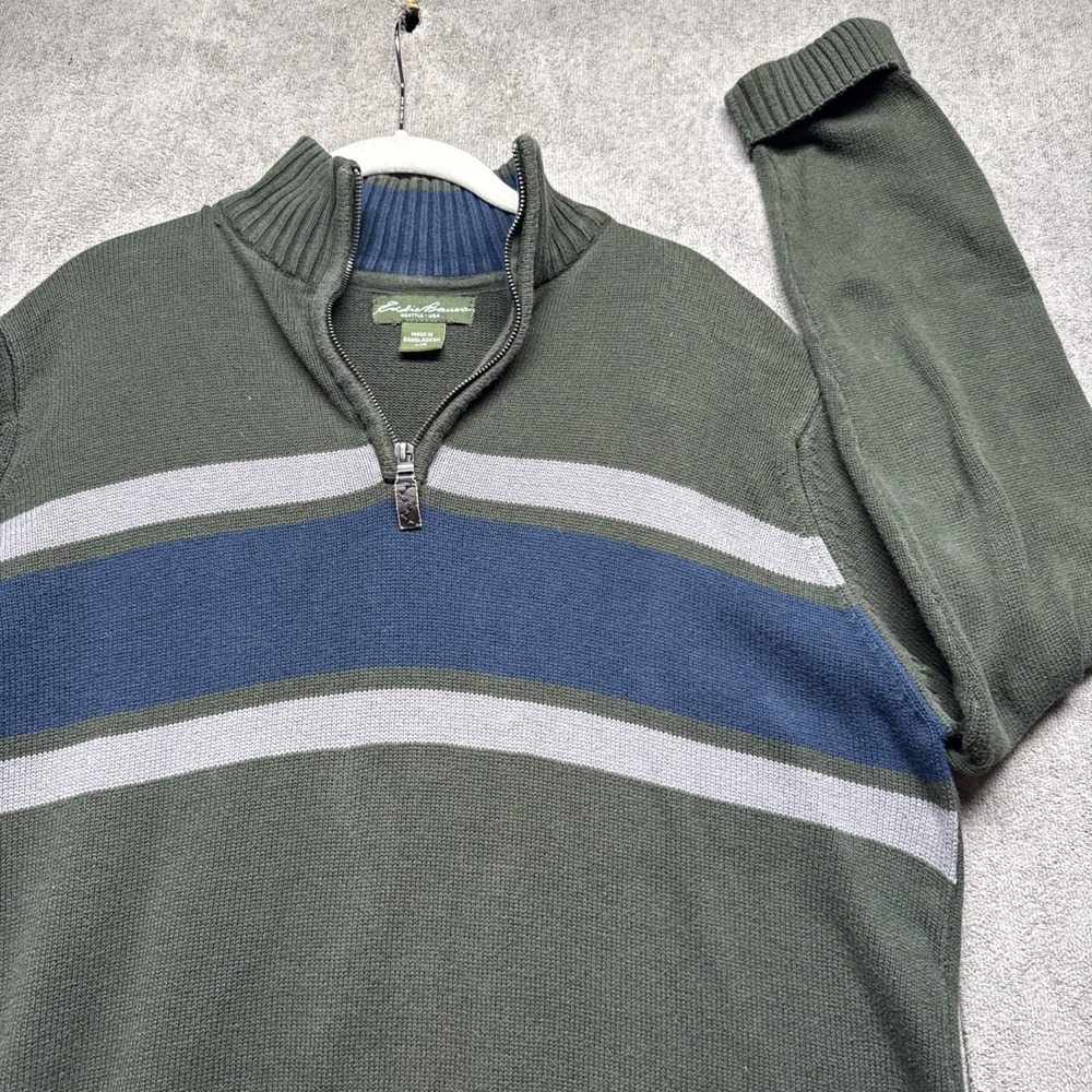 Eddie Bauer Mens Green Striped Quarter Zip‎ Knit Sweater Pullover Large